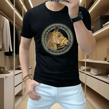 欧洲站高档短袖男夏季2024新款潮流修身刺绣圆领打底衫男士t恤衫商品大图