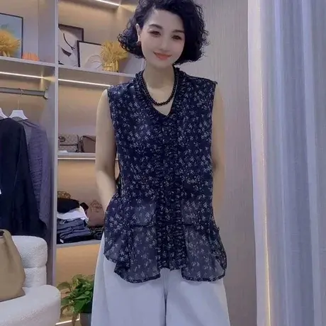复古碎花木耳边拼接小背心女款2025夏季新款v领外穿无袖衬衫上衣图片