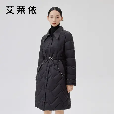 艾莱依黑色小香风羽绒服女装2022冬装新款复古长款收腰高级感外套图片