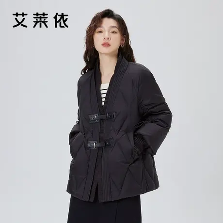 艾莱依V领羽绒服女2023年新款都市女性短款罗纹拼接外套商品大图