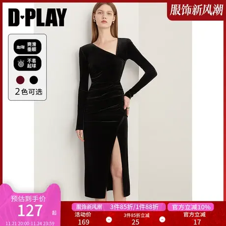 DPLAY春法式黑不对称抽褶开衩氛围感丝绒连衣裙轻礼服小黑裙商品大图