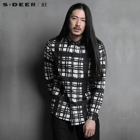 sdeerhe圣迪奥男装个性时尚纯棉墨染格子男士长袖衬衫H15170510图片