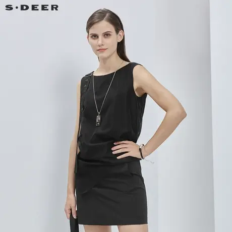 sdeer圣迪奥女装夏季网纱拼接飘带黑色无袖T恤S20280305图片