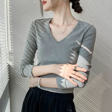 纯棉V领长袖T恤女2025春季新款正肩百搭修身显瘦露锁骨打底衫短款商品大图