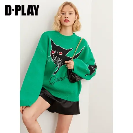 DPLAY绿落肩毛衣慵懒风猫咪字母提花针织衫商品大图