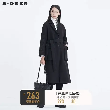 sdeer圣迪奥冬季复古系带收腰镂空刺绣长款毛呢大衣女S20461807图片