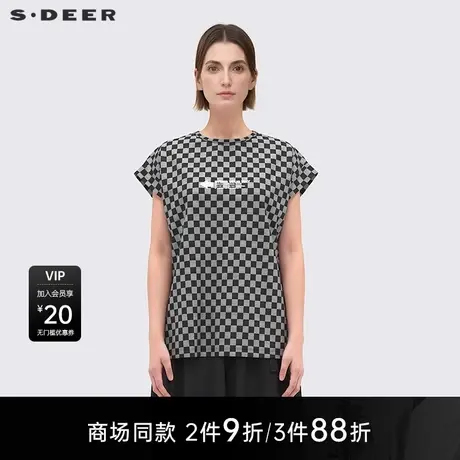 【商场同款】sdeer圣迪奥个性圆领字母格子宽松短袖T恤S25280112图片