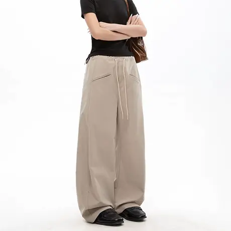 美式抽绳松紧腰宽松垂感阔腿裤女2025夏季新款设计感休闲弯刀裤商品大图
