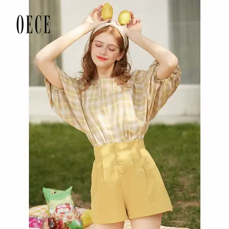 oece夏装新款女装少女感清新甜美复古方领系带泡泡袖上衣商品大图