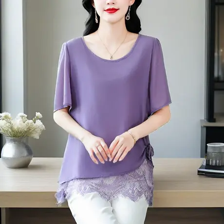 时尚雪纺衫女2025年夏季新款宽松遮肚蕾丝拼接上衣洋气减龄小衫商品大图