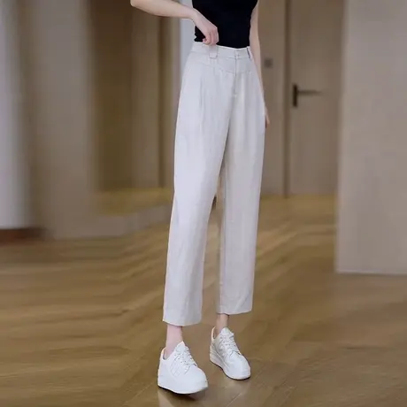 薄款天丝亚麻窄版哈伦裤女2025夏季新款高腰显瘦九分小脚萝卜裤子图片
