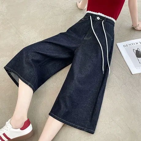 七分丹宁蓝阔腿牛仔裤女夏季薄款小个子宽松直筒蕾丝花边显瘦中裤商品大图