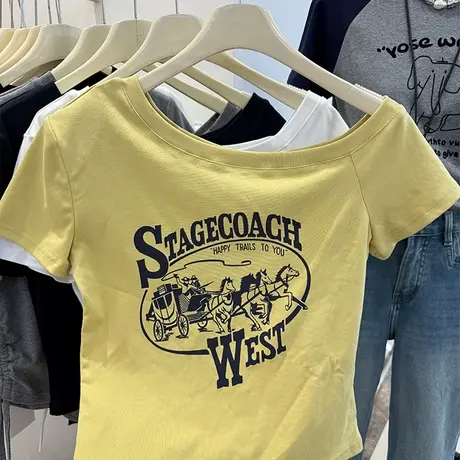 设计感斜领露肩短袖T恤女2025夏季新款韩系时尚修身显瘦短款上衣商品大图