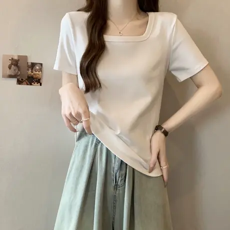 chic甜辣方领正肩短袖T恤女夏季韩版修身显瘦内搭打底衫上衣半袖商品大图