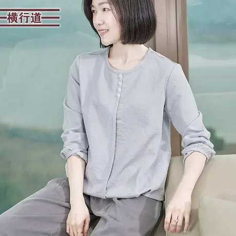 圆领休闲宽松纯色长袖简约上衣妈妈装百搭衬衫女士春装2025新款商品大图