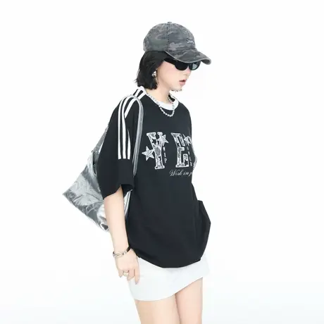 美式高街潮牌纯棉三条杠印花短袖T恤女夏季百搭休闲宽松情侣上衣商品大图