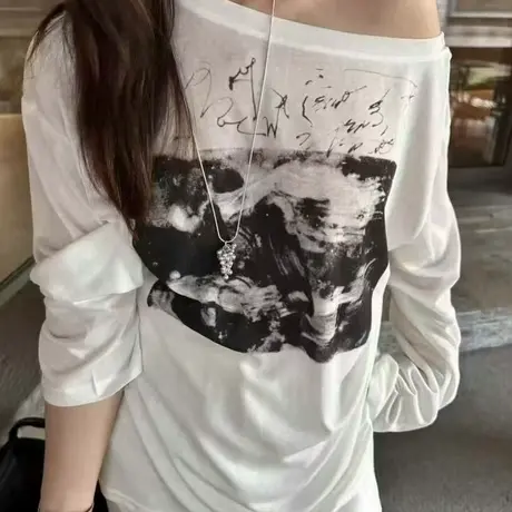 韩国东大门夏季新款时尚洋气斜肩长袖T恤女宽松慵懒风ins防晒罩衫图片