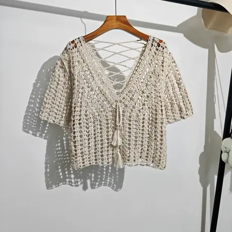 波西米亚度假风短袖针织镂空衫女夏季新款宽松v领短款钩花上衣t恤商品大图