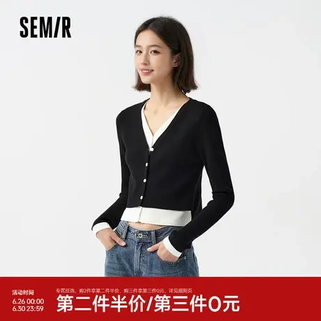 森柔毛衫|森马针织开衫女短款假两件撞色春季紧身V领正肩上衣显瘦图片