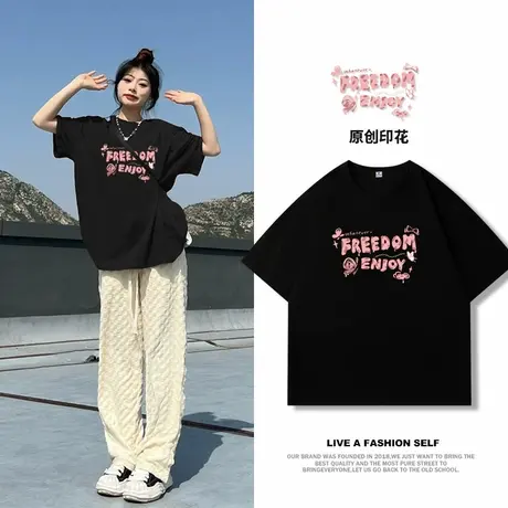 回力黑色t恤女短袖2025夏季新款少女风印花宽松纯棉正肩半袖上衣商品大图