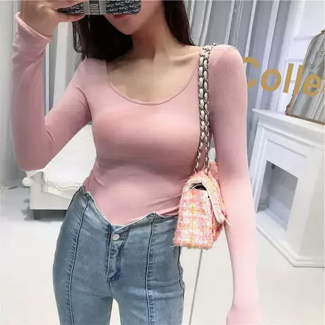 2022春季显胸大U领气质长袖百搭T恤女韩版性感紧身纯色打底衫上衣商品大图