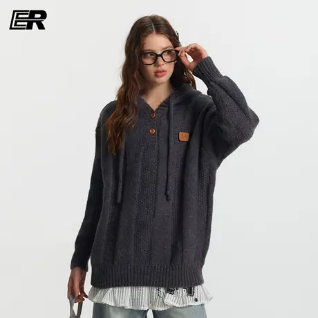 ER美拉德复古针织毛衣2025秋冬新款oversize休闲连帽针织衫外套图片