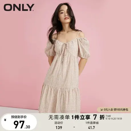 ONLY奥莱夏季田园风格纹一字肩泡泡袖吊带连衣裙女图片