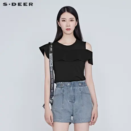 sdeer圣迪奥女装夏装裁剪设计不对称露肩设计黑色T恤女S20280316🎧商品大图