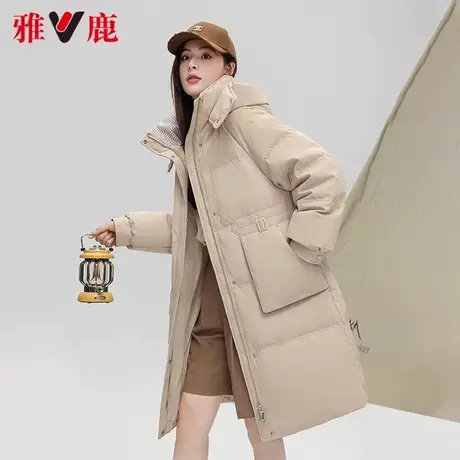 雅鹿羽绒服女冬季新款中长款通勤加厚保暖千鸟格拼接宽松鸭绒外套商品大图