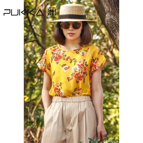 蒲PUKKA 夏季短袖衬衫女宽松休闲圆领设计感印花上衣图片