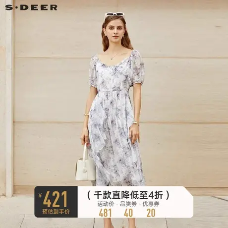 sdeer圣迪奥女装方领木耳边碎花泡泡袖连衣裙S232Z12BG🆕商品大图