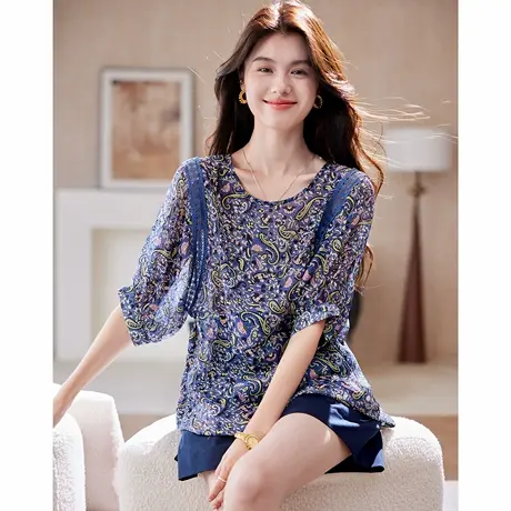 宝诗黎蝙蝠袖蕾丝印花小衫女2025夏季时尚显瘦百搭宽松休闲衬衣图片