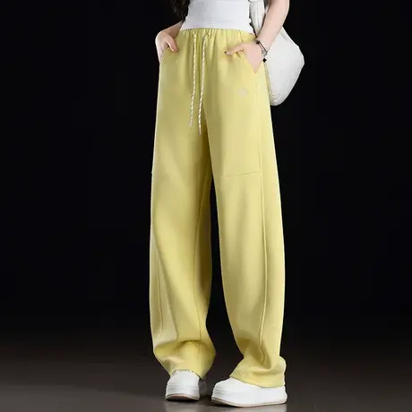柠檬黄色运动裤女2025新款春季小个子窄版弯刀阔腿裤休闲直筒卫裤图片