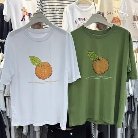 2025夏季新款韩版气质橘子印花宽松百搭显瘦减龄短袖T恤女上衣潮商品大图