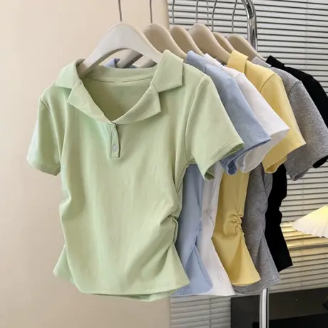 韩系高级感V领短袖T恤女夏季修身韩版打底衫内搭短款POLO衫上衣潮商品大图
