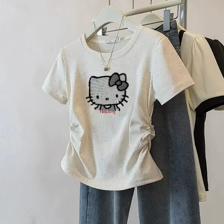 2025新款褶皱潮流短款收腰t恤女小个子修身彩虹波点短袖减龄上衣商品大图