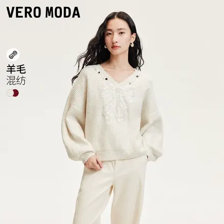 Vero Moda奥莱针织衫女秋新款蝴蝶结亮片V领宽松气质甜美毛衣流行商品大图