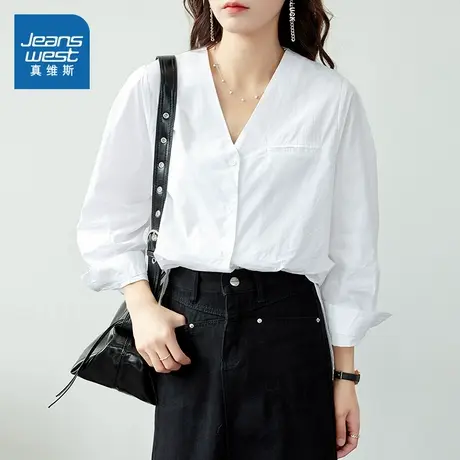 XB真维斯女装冬季 潮牌时尚宽松简约纯棉V领女士衬衫图片