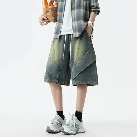 Nuthink美式复古潮牌牛仔裤短裤洗水宽松直筒五分裤男2025夏新款图片