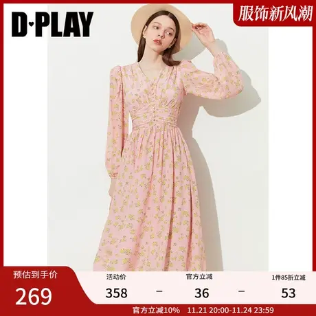 DPLAY新法式收腰V领粉调黄花捏褶印花连衣裙度假裙野餐裙图片