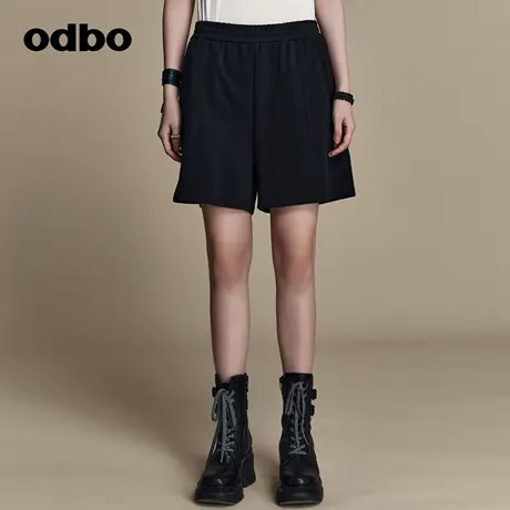 odbo 索罗娜针织小毛圈短裤 黑色松紧腰坠感运动休闲阔腿 女 夏季商品大图