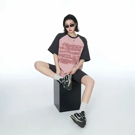 YEP2025夏季新款撞色拼接字母印花T恤女美式潮牌插肩袖半袖上衣商品大图