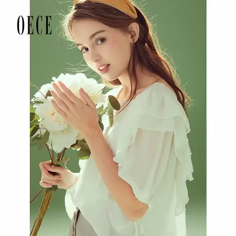 Oece夏装新款女装 荷叶边蕾丝花边方领雪纺纱短袖上衣商品大图