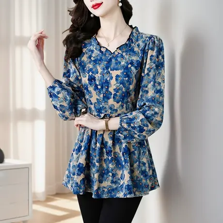 2025新款妈妈春装碎花气质上衣春夏长袖大码宽松遮肚雪纺衫中长款商品大图
