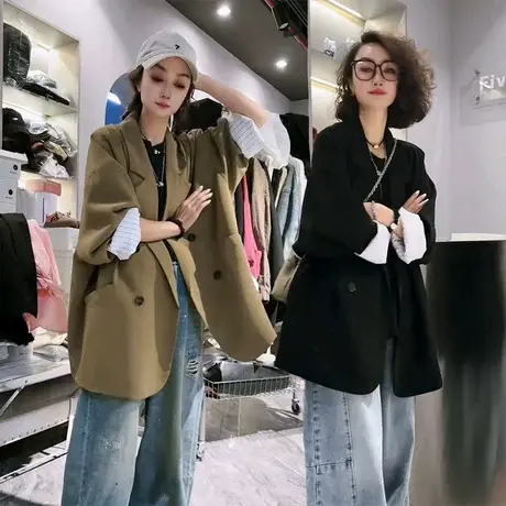 欧货气质休闲西装外套女2025年春秋新款宽松时尚中长款双排扣西服商品大图