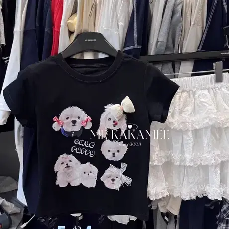 韩国东大门25夏季新款修身显瘦狗狗印花短袖正肩t恤女短款小上衣商品大图