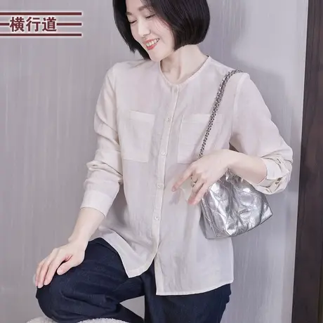 麻混纺法式圆领长袖衬衫白色衬衣内搭简约上衣中年妈妈装春装新款图片