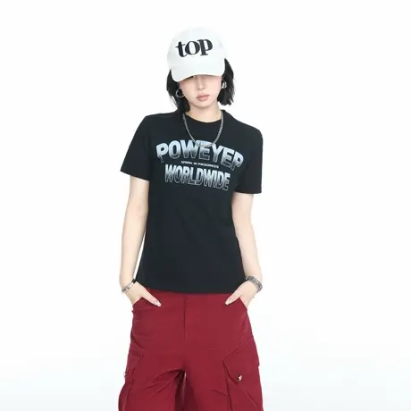 美式圆领复古正肩短袖T恤女修身短款ins甜辣风显瘦百搭印花上衣图片