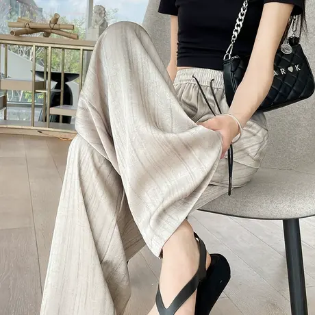 水墨扎染休闲裤女小个子夏季薄款冰丝缎面阔腿高腰压褶直筒拖地裤商品大图