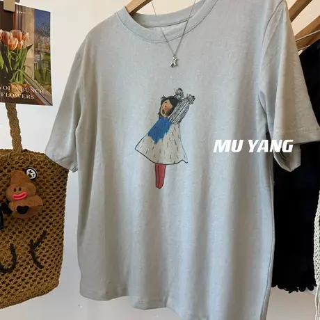 韩国凉爽雪花棉~伸懒腰女孩印花短袖T恤薄款透气百搭上衣潮女夏季图片